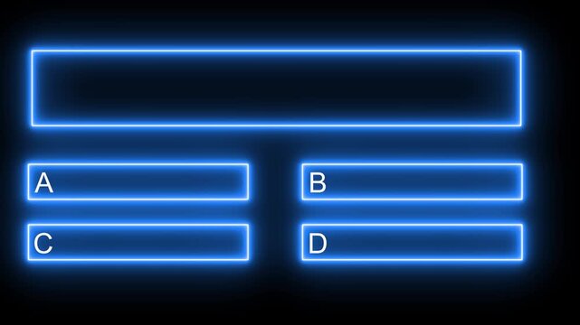 Neon glowing quiz template with multiple choice options. Animation of neon quiz line with a choice of answer options. Animated quiz question with rectangle, square icon.