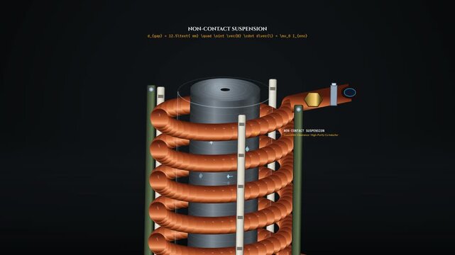 3D animation demonstrating the process of high-frequency RF induction heating on a solid metal core featuring copper coils glowing heat transfer and technical overlays explaining eddy currents