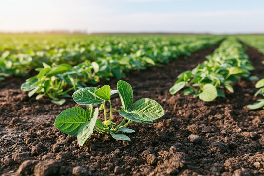 The soybean seedling in sunlit field rows thriving in fertile soil