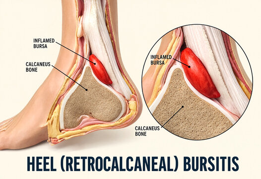 Medical illustration showing heel retrocalcaneal bursitis inflammation near calcaneus bone