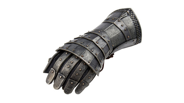 Medieval metal knight armor gauntlet glove isolated on transparent background.