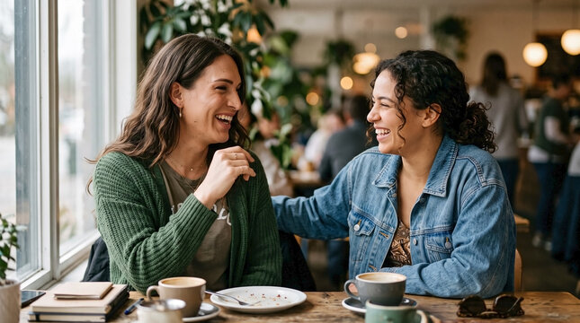 Transgender woman and friend sharing joyful coffee shop conversation, celebrating diversity in an inclusive cafe setting for blogs, social media, and supportive lifestyle content