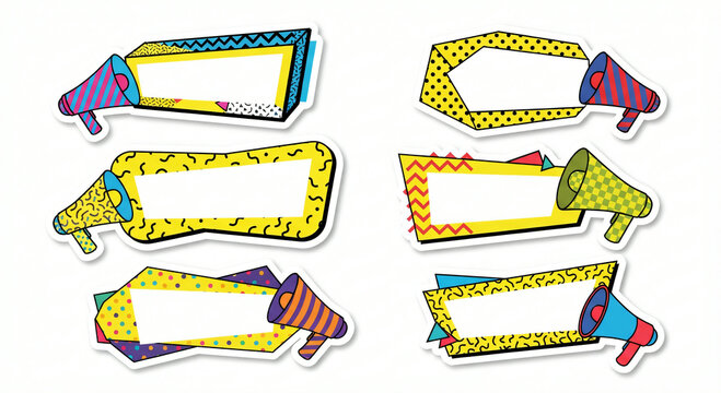 Retro 80s style announcement banners with megaphone elements and Memphis design patterns
