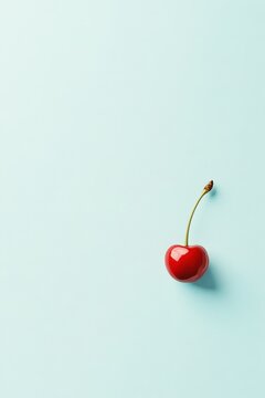Single red cherry with green stem centered on a solid light blue background. Minimalist food with soft shadows.