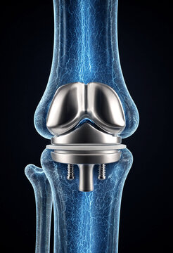 Medical illustration showing knee joint replacement prosthesis with screws attached