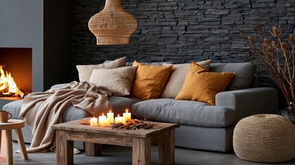 Obraz premium The Sofa in a Cozy Living Room with Fireplace, Candles, and Warm Lighting