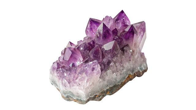 Natural purple amethyst quartz crystal cluster gemstone isolated on transparent background.