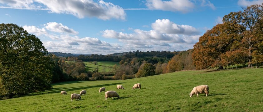 The Sheep Grazing in a Lush Green Field Under a Bright Cloudy Sky