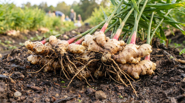 Freshly harvested ginger root on wet soil in agricultural field