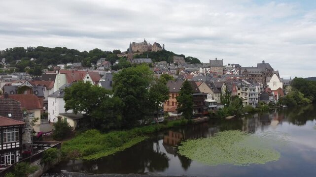 Aerial View of City Marburg in Hesse, Germany 4k	