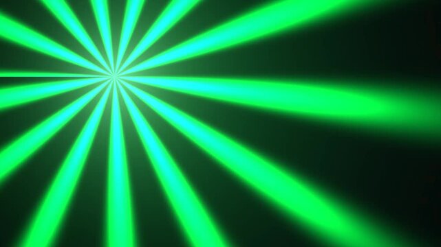 Vibrant emerald green light beams radiate outward from a central illuminated source, casting strong linear patterns across a dark textured background.