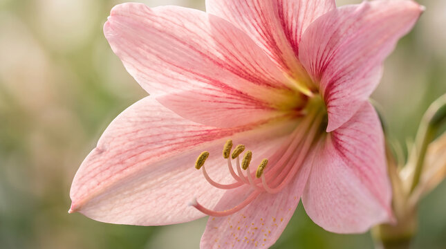 A beautiful close-up of a delicate pink flower with soft petals and a detailed center, bathed in natural light.