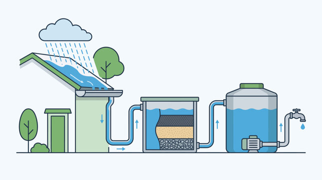 Flat vector diagram showing rooftop rainwater collection flowing through a multi-stage sand filter into a domestic storage tank.