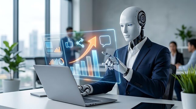 AI humanoid robot in business suit analyzing financial growth charts on laptop, futuristic artificial intelligence working in modern corporate office