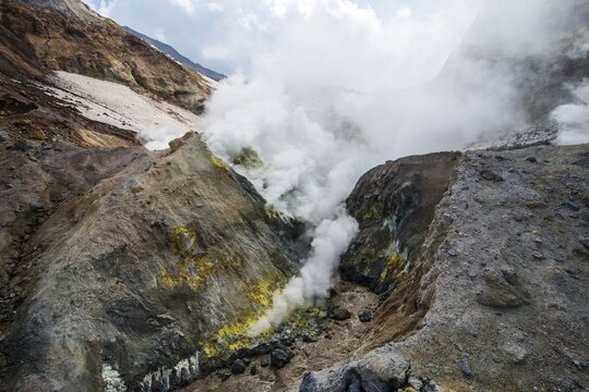 Smoking fumaroles on Mutnovsky volcano, Kamchatka, Russia
