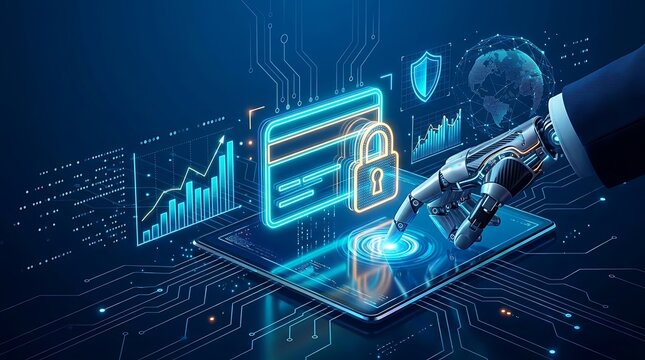 Secure online payment technology, robotic hand processing credit card transaction on digital tablet, cyber security concept