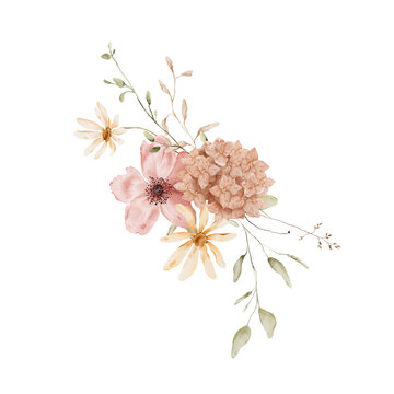 Hand painted watercolor floral bouquet with dusty blush pink flower, cream daisies, peach blossom cluster, dried grass sprigs, seed pods, beige leaves in muted terracotta palette on white background