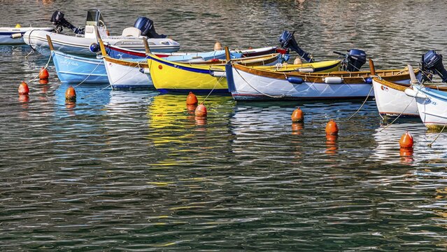 Colourful fishing boats attached to buoys are reflected in the harbour of Vernazza, Vernazza, Cinque Terre, Ligurian Coast, Liguria, Italy
