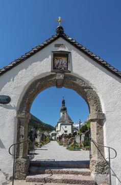 Archway to cemetery, Pfarrkirche St. Sebastian, parish church, Ramsau, Berchtesgaden area, Upper Bavaria, Bavaria, Germany