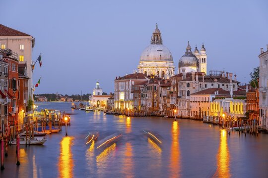 Evening atmosphere, long time exposure, view from the Ponte dell'Accademia to the Grand Canal and the Basilica Santa Maria della Salute, Venice, Veneto, Italy
