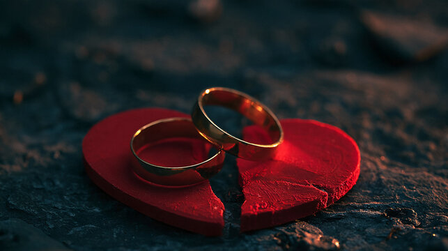 Gold wedding rings lie on a broken red heart, symbolizing separation, divorce, and a shattered relationship.