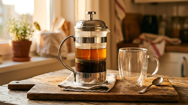 French press coffee maker and glass mug on wooden board photo
