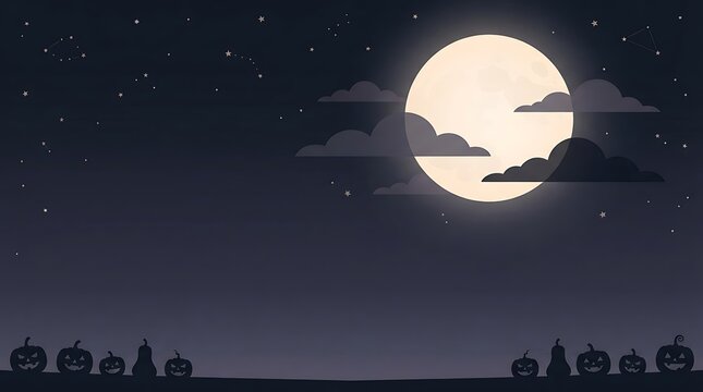 Spooky Halloween Night Background with Full Moon Clouds and Jack O Lantern Pumpkins Silhouette Art