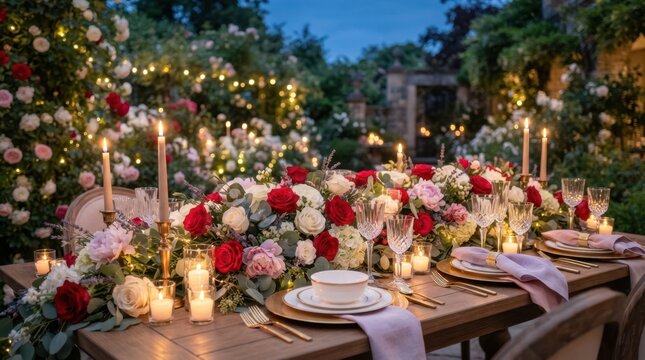 Elegant outdoor dinner party setting with roses and candlelight at dusk