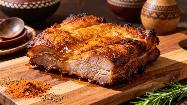 Liberian roasted pork, with a tangy citrus marinade and spices, served with rice and greens, on a wooden board, representing the West African flavors of Liberia