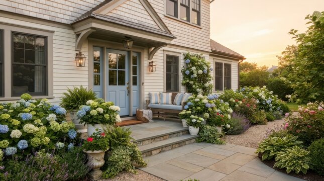 Charming home entrance with abundant hydrangeas and lush garden landscaping