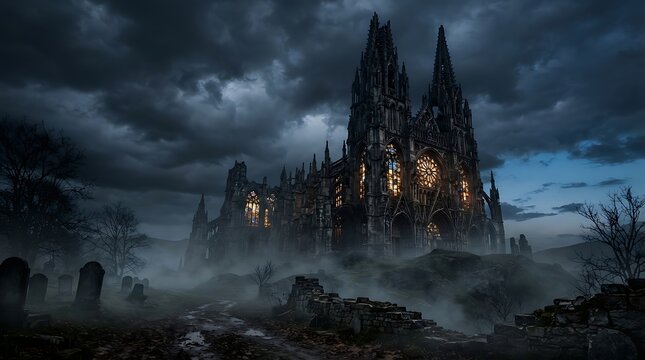 Gothic Cathedral Looming Over a Misty Graveyard Under a Dark Stormy Sky at Twilight in Horror Style