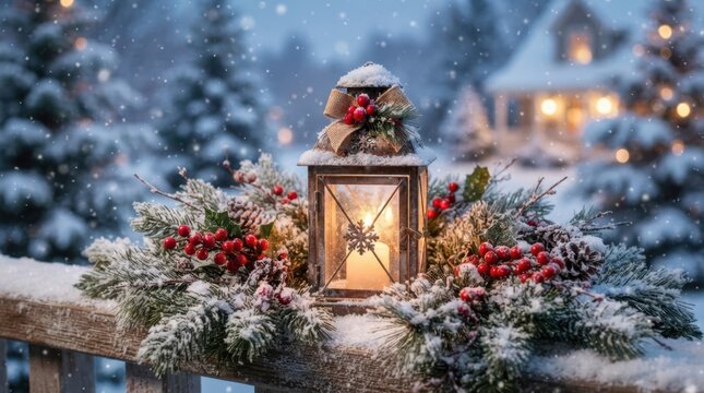 Cozy winter lantern with festive decorations on a snowy wooden railing