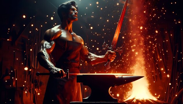 A powerful scene of a blacksmith in a dark forge, holding a glowing red-hot sword with iron tongs, with sparks flying and his muscular arms glistening, Ai generated image