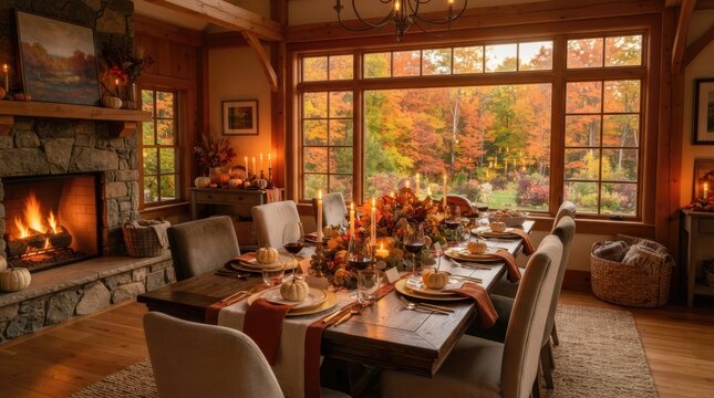 Cozy autumn dining room with fireplace and festive Thanksgiving table setting