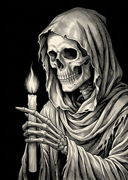 Hooded Grim Reaper Skeleton Holding a Burning Candle