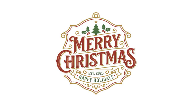 Merry Christmas Vintage Style Emblem with Tree and Holly