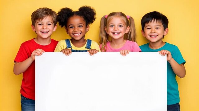 Diverse group of happy children holding a blank white sign against a yellow background