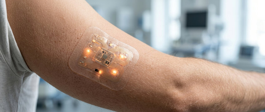 Wearable healthcare innovation sensor attached to human arm in clinical setting