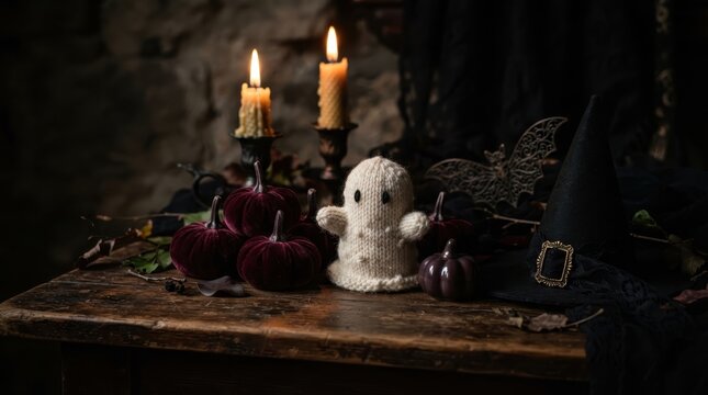 Cozy Halloween scene with a knitted ghost, pumpkins, and candles on a rustic table