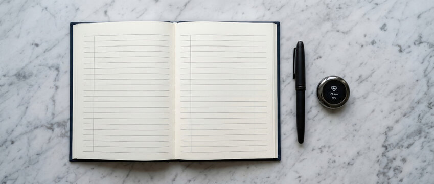 Open notebook pen inkpot marble healthcare innovation workspace