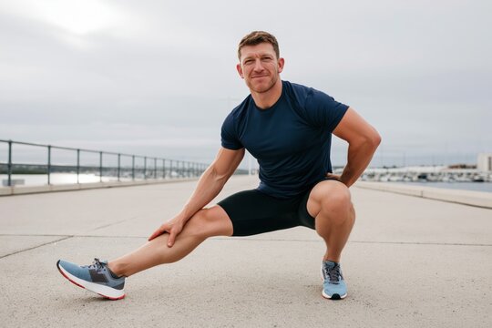 The Athlete Performing a Lateral Hamstring Stretch on a Seafront Pier