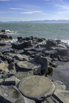 Basalt rocks on the coast according to local mythology an elf city, Hofs&oacute;s, Nor&eth;urland vestra, Iceland