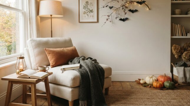 Cozy autumn living room corner with pumpkins and Halloween decorations
