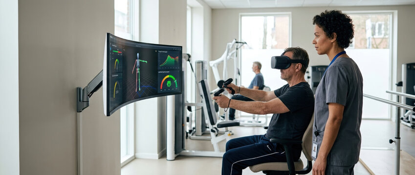 Virtual reality healthcare innovation with therapist guiding patient through rehabilitation