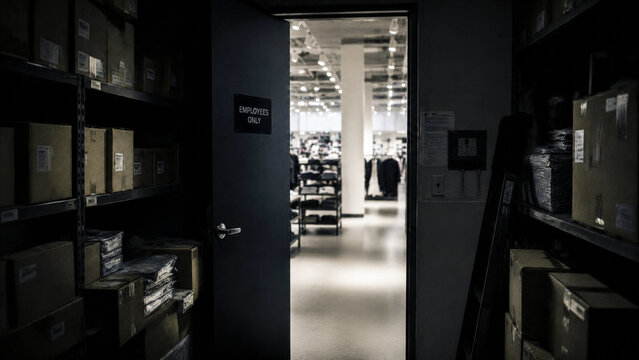 Dark retail stockroom filled with boxes behind an employees only door leading to a bright clothing store, representing inventory and store operations