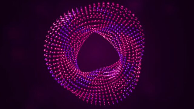 Glowing pink and purple particles forming a rotating 3D torus loop on a dark background design
