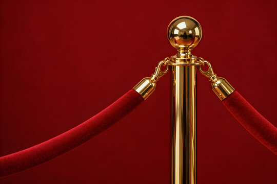 Shiny golden stanchion post with vibrant red velvet ropes standing against a deep crimson background displaying classic luxury event decor style for high profile celebrity guests in grand elegant venu