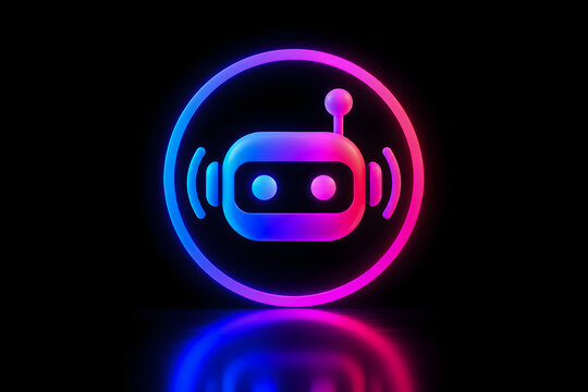 Glowing neon robot icon featuring a stylized mechanical head inside a circular frame with vibrant purple and blue lighting effects set against a clean black background for modern digital technology