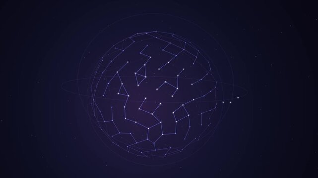 Digital globe rendered with glowing white interconnected points and thin lines against a dark violet gradient background, symbolizing global connectivity.