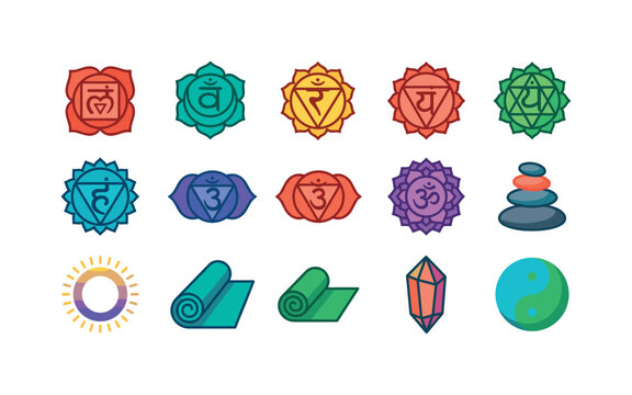 Seven Chakra Symbols, bright flat vector icon set featuring seven lotus energy wheels, meditation stone, aura ring, yoga mat, crystal and balance symbol, covering chakra system, yoga, energy healing,